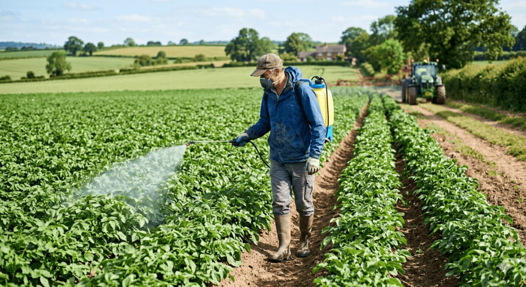 बुरशीनाशक फवारणी करताना शेतकरी