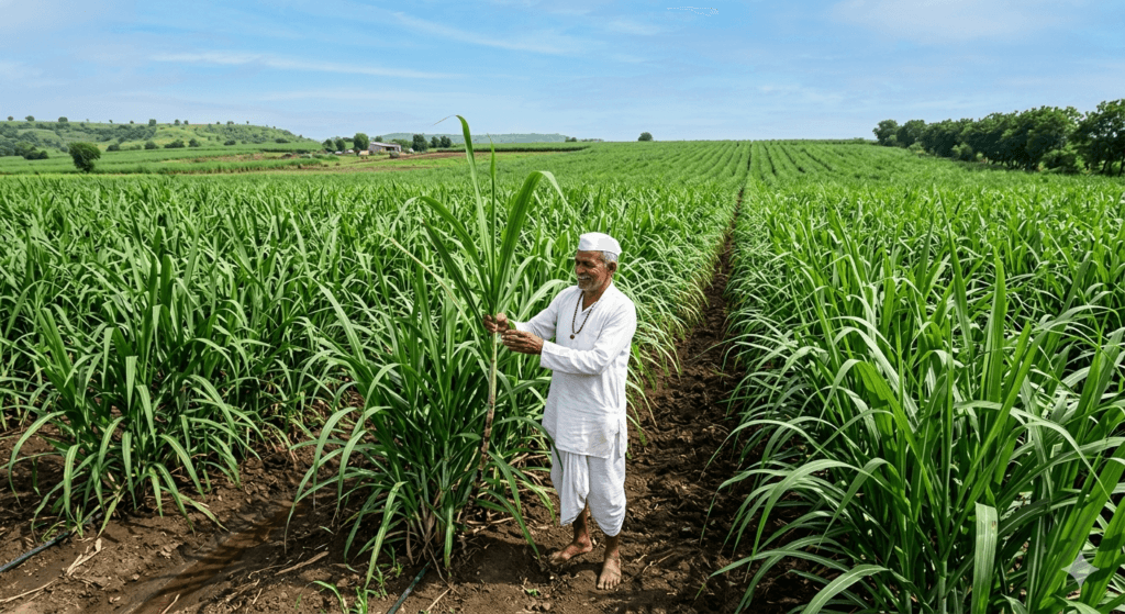 एकरी 100 टन उत्पादन देणारे हिरवेगार ऊसाचे शेत