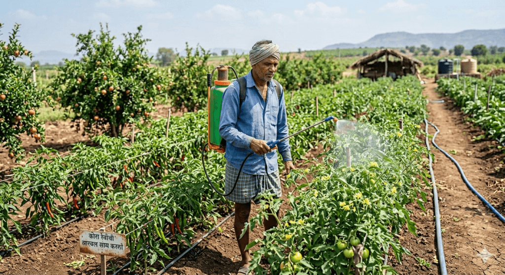 भाजीपाला पिकात बोरॉन फवारणी करताना शेतकरी