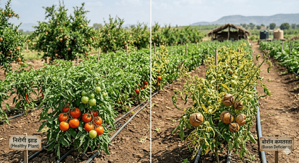 बोरॉन कमतरता आणि निरोगी झाड यामधील फरक (टोमॅटो पिक)